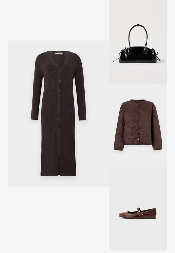 Veste boutonnée matelassée marron avec manches longues et encolure ronde, présentant des coutures en motif ondulé et des poignets élastiques.; Cardigan long, marron foncé, côtelé, avec un col en V, des manches longues et une fermeture à boutons sur le devant avec 7 boutons. Longueur mi-mollet.; Ballerine en cuir verni marron avec un bout carré et une lanière ornée d'une petite boucle dorée. Texture lisse, talon bas et design minimaliste.; Petit sac à main noir brillant avec deux longues anses et des détails à cordon sur les côtés sur un fond clair uni.