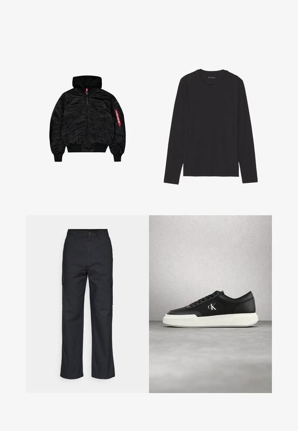Sort bomberjakke lavet af blankt stof, med hætte, lynlås fortil, ribbede manchetter og kant, samt en lomme på ærmet med et rødt mærke.; Sort langærmet t-shirt lavet af blødt, let stof. Har rund halsudskæring og lige kant. Ingen synlige mønstre eller detaljer.; Sorte cargo bukser med lige ben i designet, der har sidelommer og et tekstureret stof. Knaplukning i taljen for en sikker pasform.; Sort lædersneaker med hvid sål og "cK"-logo, vist svævende i luften foran en væg af glasblokke og en betongulvbaggrund.