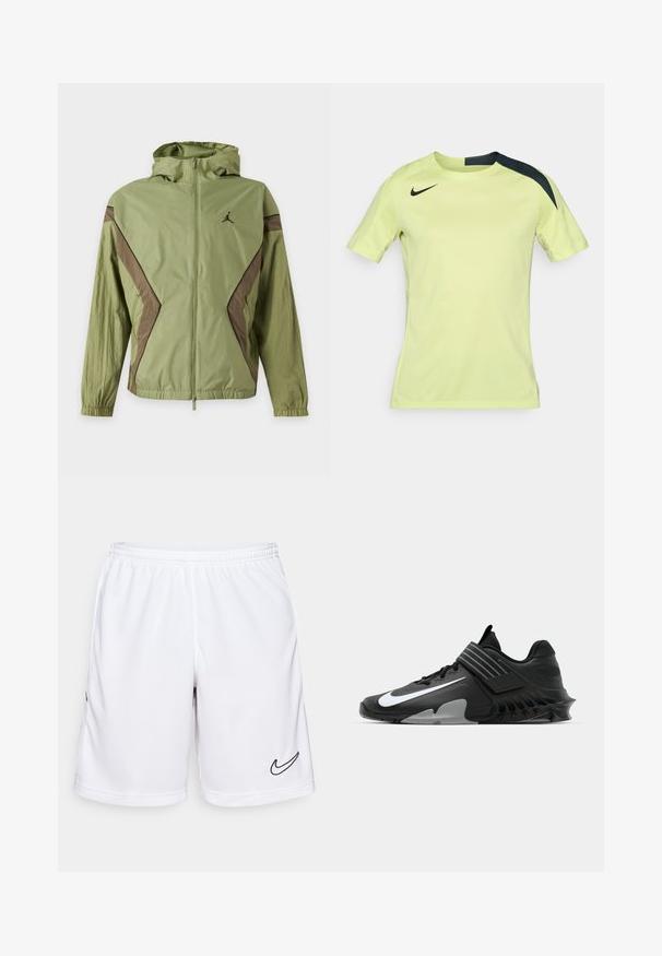 Veste à capuche vert clair avec des accents angulaires marron sur les manches et les côtés, fermeture éclair à l'avant, poignets élastiques et petit logo sur la poitrine gauche.; T-shirt de sport Nike à manches courtes de couleur jaune vif avec des accents noirs sur les épaules. Tissu lisse et léger avec une coupe ajustée.; Shorts de sport blancs en tissu anti-humidité, dotés d'une taille élastique et d'un logo Nike noir sur le côté gauche.; Baskets de sport noires au design épuré, avec un logo Nike blanc bien en vue, des surcouches texturées et une semelle moulée distincte.