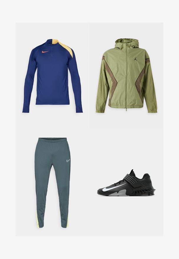 Chaqueta con capucha de color verde claro con acentos angulares marrones en las mangas y los costados, cremallera frontal, puños elásticos y pequeño logotipo en el pecho izquierdo.; Camiseta deportiva de manga larga en azul marino con un acento amarillo en el hombro, cuello con media cremallera y el logotipo de Nike en rojo en el pecho.; Pantalones deportivos de color teal oscuro con una cintura elástica, piernas ajustadas y acentos amarillos brillantes en los lados. Presenta un logo blanco en la parte frontal.; Zapatos deportivos negros con un diseño elegante, que presentan un destacado logo de Nike en blanco, superposiciones texturizadas y una suela moldeada distintiva.