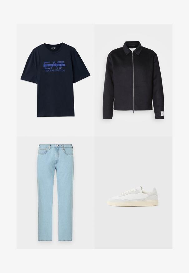 Schwarze Jacke mit Kragen, Vorderreißverschluss und quadratischer Schnitt. Hergestellt aus weichem Stoff, mit einem kleinen Etikett an dem linken Ärmel.; Navyblaues Baumwoll-T-Shirt mit lockerem Schnitt, das ein glänzendes EA7 Emporio Armani-Logo in Hellblau über der Brust zeigt.; Hellblaue Jeans mit geradem Bein, mit vorderer Knopf- und Reißverschluss, vorne und hinten mit Taschen, auf weißem Hintergrund dargestellt.; Weißer Sneaker mit strukturiertem Obermaterial aus Wildleder und Leder. Verfügt über eine runde Zehenpartie, Schnürverschluss und eine kontrastierende beige Gummisohle.