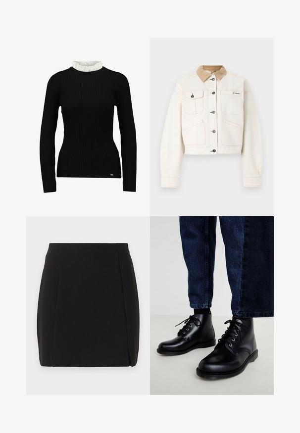 Veste crème boutonnée avec col en velours côtelé marron clair, quatre poches avant et logo Columbia sur le côté droit supérieur de la poitrine.; Haut noir à manches longues côtelé avec un col en dentelle blanc, affichant une silhouette ajustée et une texture douce. Logo subtil à l'ourlet.; Jupe crayon noire longueur genou avec une fente avant subtile et une ceinture nette, présentée sur un fond clair uni.; Bottes en cuir noir montant à la cheville, à bout rond, avec un design à lacets, œillets argentés et semelles texturées, portées avec un jean denim bleu foncé.