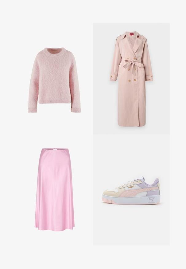 Gabardina larga en tono rosa claro con cuello de solapa, botones dobles de madera, cinturón de lazo en la cintura y puños con botones.; Suéter rosa claro hecho de material suave y esponjoso. Presenta un cuello redondo y puños acanalados. Diseño simple y acogedor sin patrones.; Falda de satén rosa con una forma A-line fluida, que presenta una textura suave y una cinturilla elástica. Sin patrones visibles ni detalles de hardware.; Zapatillas de hombre en crema, rosa y lavanda, con piel sintética, cordones blancos, suela gruesa blanca y acentos de logo en dorado.