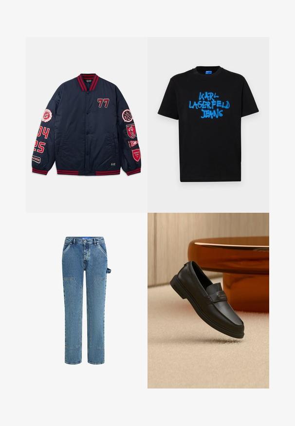 Marine bomberjakke med røde detaljer. Har broderede tal og mærker på ærmerne. Ribbet krave og manchetter. Glat, skinnende materiale.; Sort bomulds t-shirt med korte ærmer, der har blå spraymalt "KARL LAGERFELD JEANS" tekst på fronten i en fed, graffiti-stil.; Blå denimjeans med et lige ben-design, der har kontrastfyldte lapper, to forlommer og en synlig løkke-detalje på siden.; Sort lædersko uden snørebånd med syede detaljer, forhøjet hælkappe og flad gummisål, placeret over en blød beige overflade.