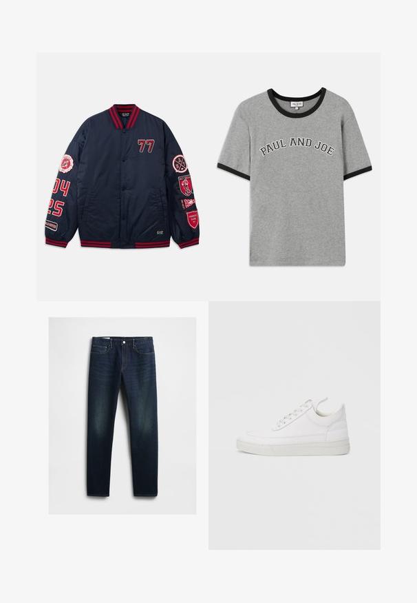 Veste de bombardier navy avec des accents rouges. Présente des numéros et des patchs brodés sur les manches. Col et poignets côtelés. Matériau lisse et brillant.; T-shirt en coton gris avec col et manches côtelés noirs, arborant le texte "PAUL AND JOE" en lettres blanches en arc à l'avant.; Jean en denim bleu foncé avec une coupe droite, comportant cinq poches, une braguette à boutons et un léger décoloration sur les cuisses. Détails de couture classiques.; Baskets en cuir blanc avec un embout arrondi, une semelle plate et un laçage à l'avant. Présentent des détails de couture et un col rembourré pour plus de confort.