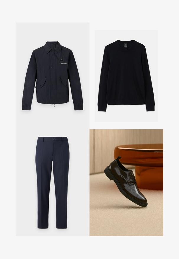 Chaqueta ligera negra con botones de presión delanteros, dos bolsillos con solapa, puños elásticos y pequeño logo "Armani Exchange" en el pecho.; Suéter negro de manga larga con cuello redondo, puños y dobladillo acanalados. Fabricado en un tejido suave con una textura lisa, sin estampados ni adornos.; Pantalones de marina hechos de una tela suave, con un corte recto, presillas para cinturón y un cierre de botón único en la cintura.; Zapato de vestir negro brillante de cuero con cordones flotando sobre una alfombra beige con una mesa redonda marrón brillante al fondo.