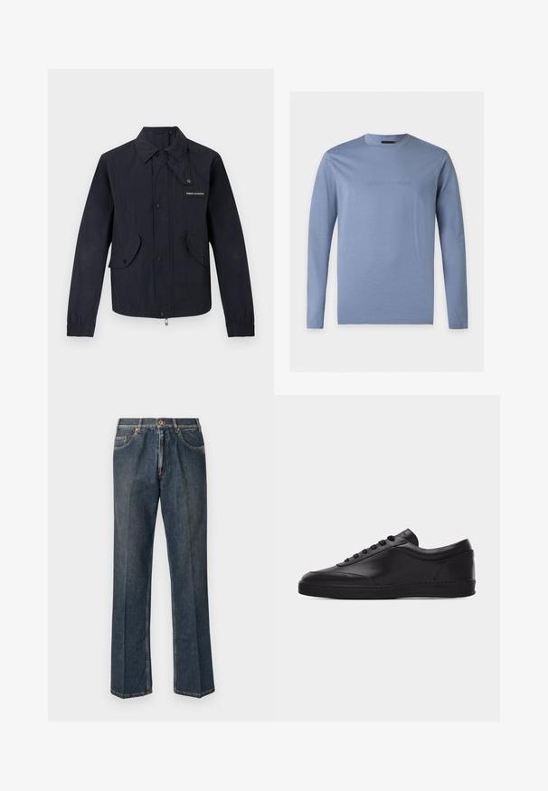 Schwarze leichte Jacke mit Druckknöpfen vorne, zwei Klappentaschen, elastischen Bündchen und kleinem "Armani Exchange"-Logo auf der Brust.; Hellblaues Langarmshirt mit Rundhalsausschnitt und geprägtem Emporio Armani-Logo mittig auf der Brust vor weißem Hintergrund.; Dunkelblaue, gerade Jeans aus Denim mit vorderem Knopf, Reißverschluss, doppelten vorderen Taschen und sichtbaren vertikalen Falten entlang der Beine.; Schwarzer flacher Leder-Sneaker mit Schnürung vorne und flacher Gummisohle, seitlich auf einem schlichten weißen Hintergrund gezeigt.