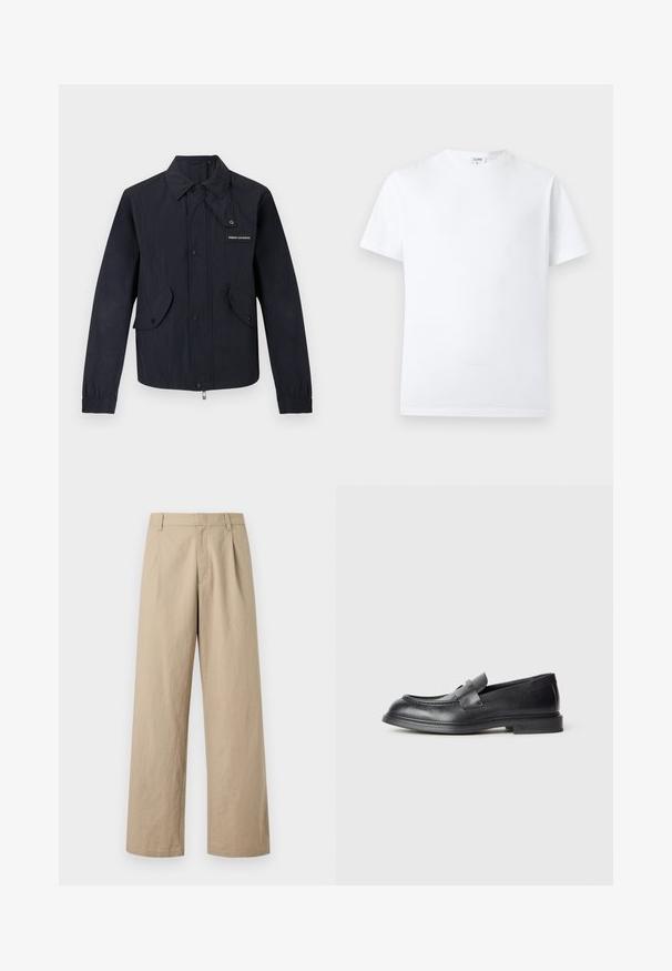Veste noire légère avec boutons-pression à l'avant, deux poches à rabat, poignets élastiques, et petit logo "Armani Exchange" sur la poitrine.; T-shirt blanc uni à manches courtes et col rond, avec une petite étiquette intérieure au niveau de l'encolure, présenté sur un fond neutre.; Pantalon beige à jambes larges avec passants de ceinture, fermeture éclair devant, et plis, présenté sur fond blanc.; Mocassins en cuir noir avec une finition texturée, dotés d'une bride décorative à l'avant et d'un bout arrondi. Semelle en caoutchouc pour plus de durabilité.