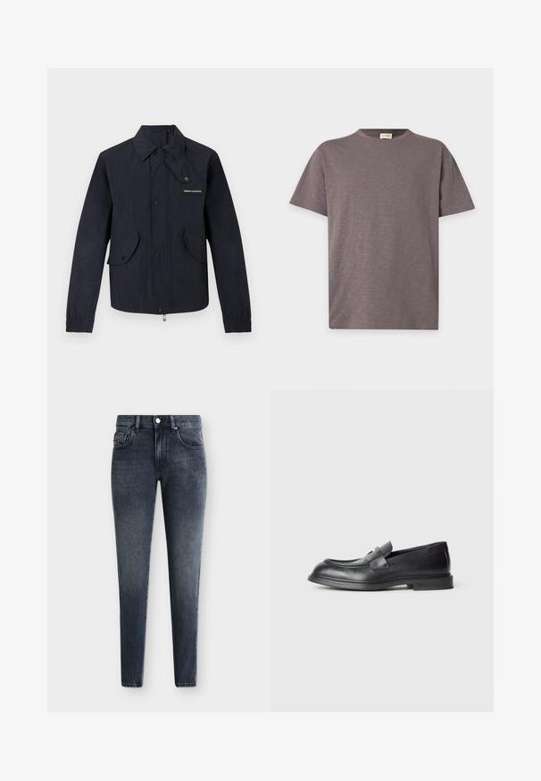 Veste noire légère avec boutons-pression à l'avant, deux poches à rabat, poignets élastiques, et petit logo "Armani Exchange" sur la poitrine.; T-shirt uni à manches courtes et col rond, couleur marron atténuée avec une texture subtile et un petit logo près du bas à droite.; Jean slim fit gris foncé délavé avec poches avant et poche monnaie, passants de ceinture, fermeture à bouton et détails de coutures visibles sur un fond uni.; Mocassins en cuir noir avec une finition texturée, dotés d'une bride décorative à l'avant et d'un bout arrondi. Semelle en caoutchouc pour plus de durabilité.