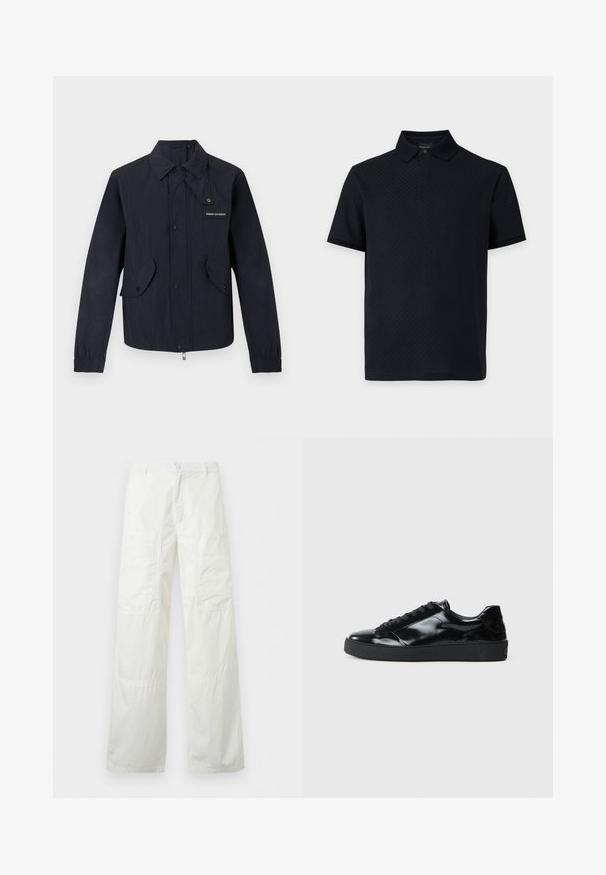 Musta kevyt takki, jossa edessä painonapit, kaksi läppätaskua, elastiset hihansuut ja pieni "Armani Exchange" -logo rinnassa.; Musta lyhythihainen poolopaita, jossa on tekstuuri kuvio, kaulus ja napillinen nappilista vaaleanharmaalla taustalla.; Valkoiset leveälahkeiset housut, joissa napillinen vyötärö ja kaksi suurta napillista reisitaskua, esitettyinä tasaisesti valkoista taustaa vasten.; Mustat lakatut nahkakengät pyöreällä varpaalla, nauhakiinnitys, teksturoitu kumipohja ja sileä pinta.