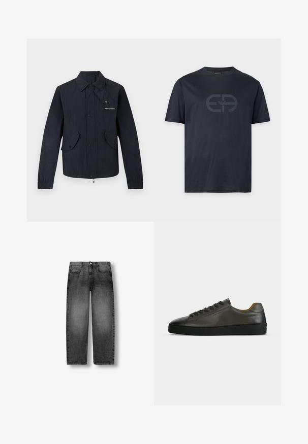 Veste noire légère avec boutons-pression à l'avant, deux poches à rabat, poignets élastiques, et petit logo "Armani Exchange" sur la poitrine.; T-shirt bleu marine foncé à manches courtes, col rond, avec un grand logo discret imprimé au centre devant.; Jean denim noir délavé à jambe droite avec bouton frontal, fermeture éclair et conception à cinq poches, présenté à plat sur un fond blanc.; Basket basse en cuir gris foncé avec lacets et semelle noirs, design minimaliste, profil latéral sur un fond clair uni.