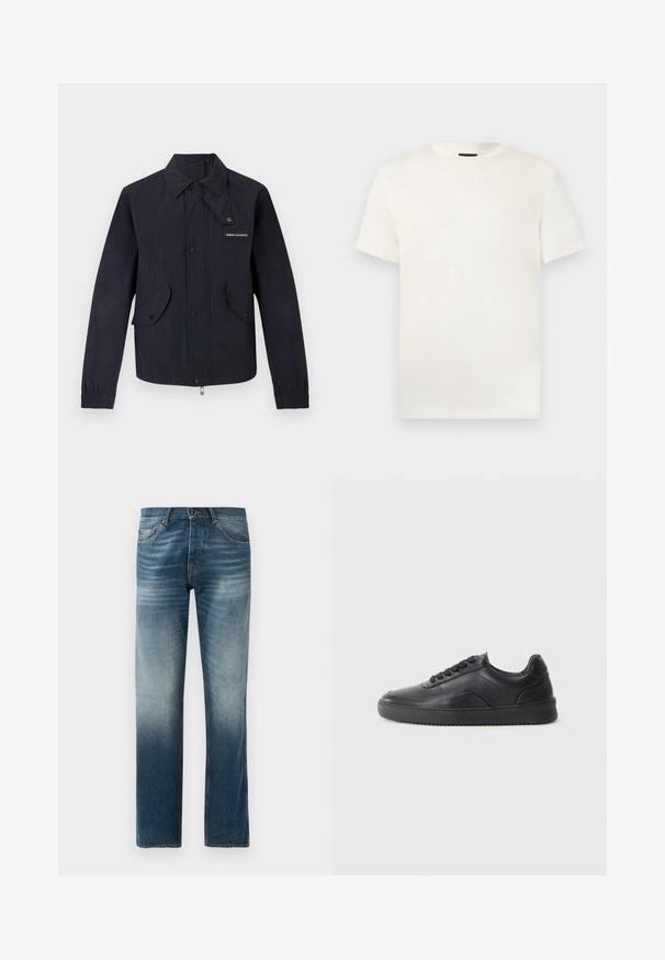 Musta kevyt takki, jossa edessä painonapit, kaksi läppätaskua, elastiset hihansuut ja pieni "Armani Exchange" -logo rinnassa.; Valkoinen lyhythihainen T-paita, jossa pyöreä pääntie ja vasemmassa rinnassa hienovarainen kirjailtu logo, esitetty vaaleaa yksinkertaista taustaa vasten.; Tummansininen farkkuhousut, suora sääntö. Ominaisuuksia viisi taskua, normaali vyötärö vyölenkeillä ja metallinappi kiinnitys.; Mustat nahkakengät, joissa on sileä pinta, pyöreä kärki, teksturoitu sivupaneeli ja mustat nauhat. Varustettu tasaisella kumipohjalla ja minimalistisella suunnittelulla.