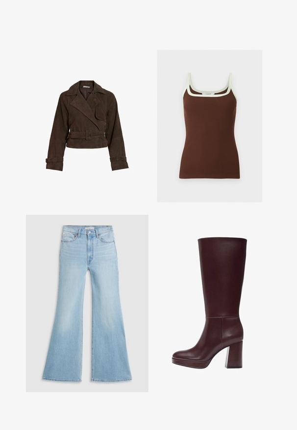Donkerbruine suède cropped jas met brede revers, een getailleerde taille met riem en verstelbare riempjes aan de manchetten.; Bruine geribde tanktop met witte bies bij de halslijn en bandjes, met een vierkante hals en dunne schouderbandjes.; Lichtblauwe flared jeans met een hoge taille, gemaakt van denim. Kenmerkt zich door een klassiek vijf-pocket ontwerp en een raw hem aan de mouwen.; Hoge donkerbruine leren laars met een blokhak en plateauzool, een gladde afwerking en een middenkuithoogte.