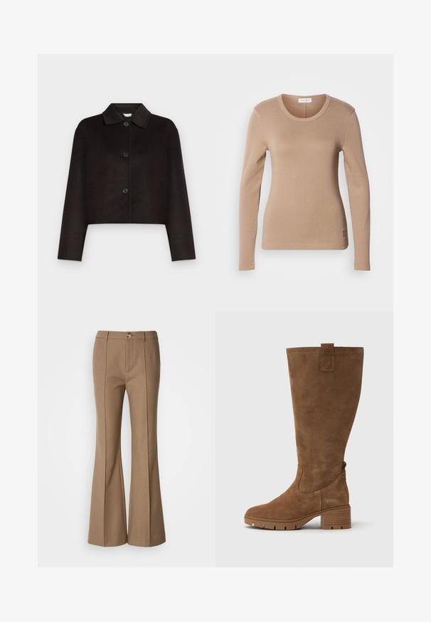 Schwarze, kurze Jacke mit langen Ärmeln, spitzem Kragen und drei Frontknöpfen auf hellgrauem Hintergrund.; Langärmliges Oberteil in hellbeige, mit Rundhalsausschnitt und figurbetontem Schnitt. Hergestellt aus weichem, dehnbarem Stoff mit feiner Textur. Kleines Logo-Detail am Saum.; Braune Schlaghosen mit glatter Textur, die einen vorderen Knopfverschluss und vertikale Nähte für Struktur aufweisen.; Tamaris Stiefel - brown