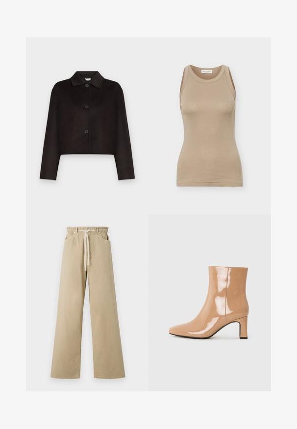 Schwarze, kurze Jacke mit langen Ärmeln, spitzem Kragen und drei Frontknöpfen auf hellgrauem Hintergrund.; Beige ärmelloses, tailliertes Damen-Top mit rundem Ausschnitt und Marc O'Polo Etikett auf der Rückseite des Innenkragens.; Beige weit geschnittene Hose aus Baumwolle mit elastischem Bund und Kordelzug. Verfügt über zwei Seitentaschen und eine glatte Textur.; Nude-farbene Lack-Stiefeletten mit spitzem Zehenbereich, glänzender Oberfläche und mittelhohem Blockabsatz. Glatte Textur und schlanke Silhouette.