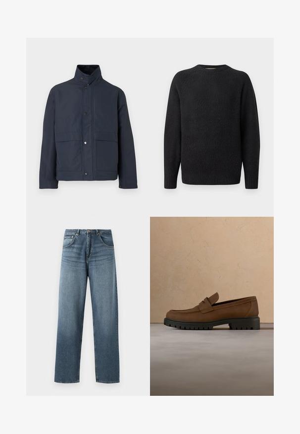 Mørkeblå vandtæt jakke med høj krave, trykknapper og to frontlommer. Lavet af holdbart stof med en glat tekstur.; Sort strikket sweater med rund hals, ribbet tekstur og lange ærmer. Simpelt design uden synlige logoer eller udsmykninger.; Lige ben blå denim jeans med en falmet vask, der har fem lommers design, metallisk knap og bæltestropper. Struktureret, medium vægt stof.; Mørkebrune læderloafer med tyk sort gummisål vist over en beige tæppe- og sofa baggrund.