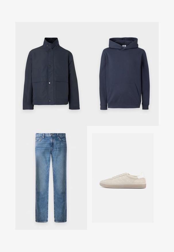 Marineblaue wasserdichte Jacke mit hohem Kragen, Druckknöpfen und zwei vorderen Taschen. Hergestellt aus strapazierfähigem Stoff mit glatter Textur.; Dunkelblaues Kapuzensweatshirt aus Baumwollmischung, mit einer vorderen Kängurutasche sowie gerippten Bündchen und Saum. Glatte Textur.; Helle blaue Denim-Jeans im geraden Schnitt, fünf Taschen, Verschluss mit Metallknopf, verblasste Textur mit leichten Abnutzungsspuren an der Vorderseite.; Beiger Wildleder-Sneaker mit strukturiertem Obermaterial, glattem weißen Fersenbereich, dünnen Schnürsenkeln und Gummisohle. Verfügt über ein flaches Design.