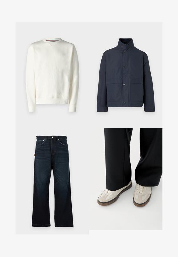 Veste imperméable bleu marine avec un col haut, des boutons-pression et deux poches avant. Fabriquée en tissu durable avec une texture lisse.; Sweat-shirt blanc avec un col rond, des poignets côtelés et un léger détail de logo. Matière douce avec une texture lisse et un design minimaliste.; Jeans droit bleu foncé avec un design classique à cinq poches, passants de ceinture et légers détails décolorés à l'avant et aux genoux.; Pieds portant des baskets beige avec des semelles marron et un pantalon noir à jambes larges sur fond blanc.