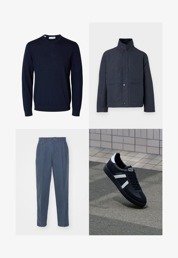 Marineblauwe waterdichte jas met een hoge kraag, drukknoopsluiting en twee voorzakken. Gemaakt van stevige stof met een gladde textuur.; Navyblauwe trui met lange mouwen en ronde hals, met geribbelde boorden en zoom, gemaakt van fijne gebreide stof.; Only & Sons ONSPALE NEW LOOSE PANT - Broek - dark slate; Zwarte leren sneaker met witte strepen, een gestructureerde rubberen zool en vetersluiting aan de voorkant. Voorzien van een merklabel op de tong.