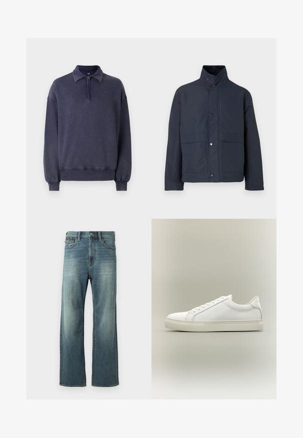 Marineblauwe waterdichte jas met een hoge kraag, drukknoopsluiting en twee voorzakken. Gemaakt van stevige stof met een gladde textuur.; Navyblauwe sweatshirt met een halve rits kraag, relaxte pasvorm en ribgebreide manchetten. Gemaakt van zacht materiaal met een gestructureerde afwerking.; Lichtblauwe denim jeans met een rechte pijp, lichte vervaging, vijf zakken en riemlussen. Kenmerkt zich door stiksels en een knoopsluiting.; Witte lage sneaker met veters aan de voorkant en dikke zool, zijaanzicht tegen een neutrale achtergrond.