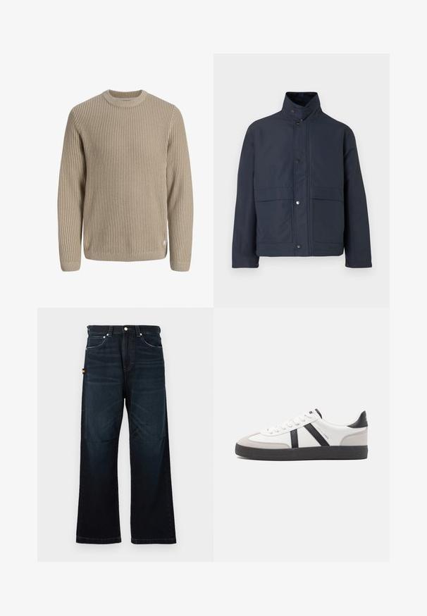 Veste imperméable bleu marine avec un col haut, des boutons-pression et deux poches avant. Fabriquée en tissu durable avec une texture lisse.; Pull en maille côtelée beige avec manches longues et col rond, présenté sur un fond clair.; Jeans droit bleu foncé avec un design classique à cinq poches, passants de ceinture et légers détails décolorés à l'avant et aux genoux.; Baskets blanches avec des accents noirs et gris, présentant un embout texturé gris, une semelle en caoutchouc noir et des lacets plats blancs. Design épuré, style minimaliste.