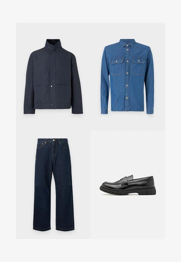 Marineblaue wasserdichte Jacke mit hohem Kragen, Druckknöpfen und zwei vorderen Taschen. Hergestellt aus strapazierfähigem Stoff mit glatter Textur.; Dunkelblaue Jeanshemd mit langen Ärmeln und geknöpften Manschetten, spitzem Kragen, zwei Brusttaschen und vorderem Knopfverschluss mit goldenen Beschlägen.; Dunkelblaue Denim-Jeans mit geraden Beinen, die ein klassisches Fünf-Taschen-Design, kontrastierende Nähte und ein kleines farbiges Etikett an der Seite aufweisen.; Schwarze Lederloafer mit einem breiten Riemen über dem Rist, Gummisohle mit dicken Profilen und glatter Textur. Klassisches, schlankes Design.