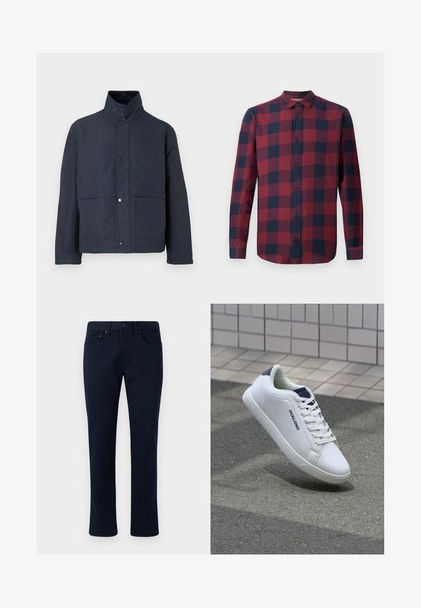 Marineblaue wasserdichte Jacke mit hohem Kragen, Druckknöpfen und zwei vorderen Taschen. Hergestellt aus strapazierfähigem Stoff mit glatter Textur.; Rot-kariertes Langarmhemd in Marineblau mit Button-Down-Kragen und dunklen Knöpfen. Hergestellt aus leichtem Stoff mit glatter Textur.; Marineblaue Jeanshose mit slim-fit-Schnitt, ausgestattet mit einem klassischen Fünf-Taschen-Design und dezenten Nähakzenten. Glatte Textur ohne Verzierungen.; Weißes Leder Sneaker mit niedrigem Schnitt, strukturiertem Obermaterial, einem navyblauen Heel-Akzent und einer flachen Gummisohle mit einem Profilmuster.
