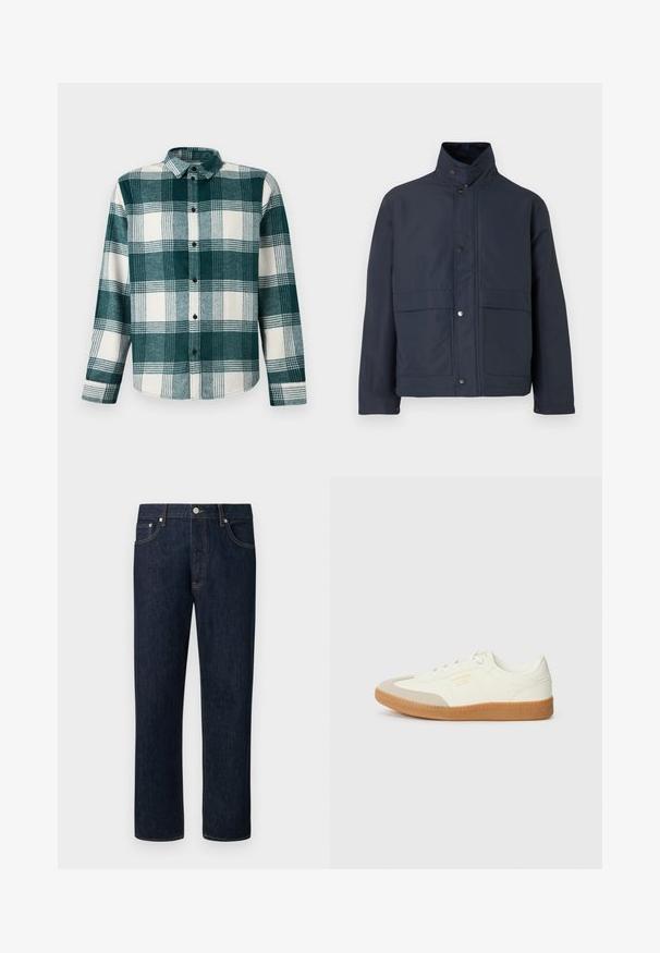 Veste imperméable bleu marine avec un col haut, des boutons-pression et deux poches avant. Fabriquée en tissu durable avec une texture lisse.; Chemise à manches longues à carreaux verts et blancs avec col et poignets, présentée sur un fond uni.; Jean droit bleu foncé avec surpiqûres orange, bouton frontal et design à cinq poches sur un fond clair uni.; Baskets en cuir blanc avec une coque beige et une semelle en caoutchouc marron clair. Dotées de lacets blancs plats et d'un logo embossé sur le côté.