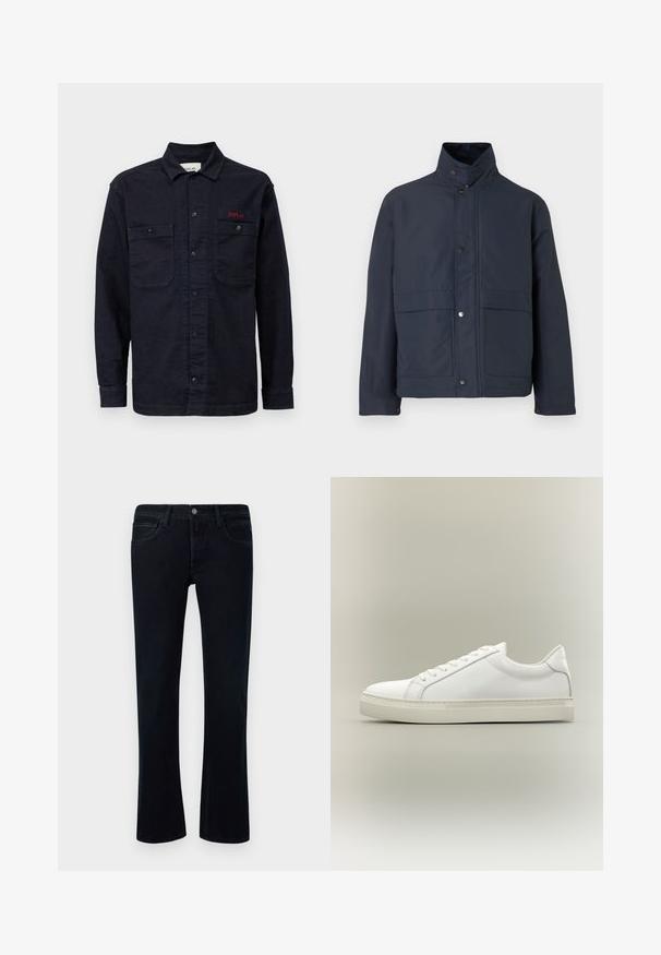 Mørkeblå vandtæt jakke med høj krave, trykknapper og to frontlommer. Lavet af holdbart stof med en glat tekstur.; Mørkeblå denimskjorte med lange ærmer, knaplukning foran, to brystlommer og et lille rødt "REPLAY" logo på den venstre lomme.; Sorte denim jeans med let flair, fem-lomme-design, bæltestropper og knaplukning på en hvid baggrund.; Hvid lavtop sneaker med snørebånd foran og tyk sål, vist fra siden mod en neutral baggrund.
