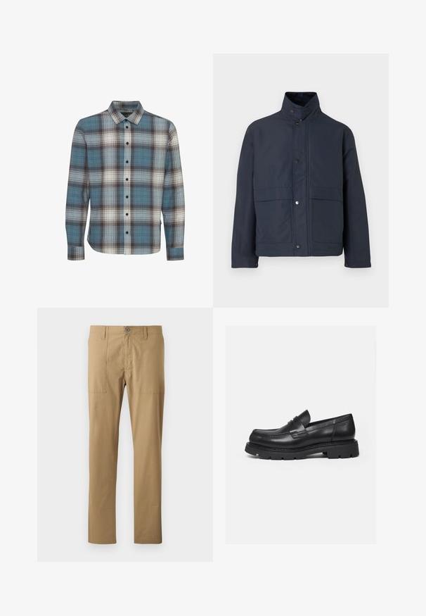 Veste imperméable bleu marine avec un col haut, des boutons-pression et deux poches avant. Fabriquée en tissu durable avec une texture lisse.; Chemise à manches longues à carreaux, présentant des couleurs bleue, blanche et marron. Fabriquée en tissu doux avec un col standard et une fermeture à boutons.; Chinos beiges avec une coupe droite, fabriqués en tissu de coton léger, dotés de deux poches avant et d'une fermeture à bouton unique.; Mocassin en cuir noir avec semelle épaisse crantée et détail de bride penny, présenté en profil droit sur fond blanc.