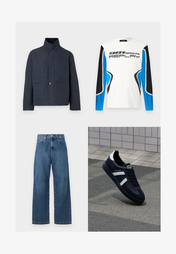 Chaqueta impermeable de color azul marino con un alto cuello, botones de presión y dos bolsillos frontales. Fabricada con un tejido duradero y de textura suave.; Camisa deportiva de manga larga con el frente blanco, paneles de mangas en negro y azul, y el logotipo "981 sports REPLAY" impreso en el pecho.; Vaqueros de mezclilla azul con un ajuste relajado, piernas rectas, costura visible y un cierre de botón en la parte delantera. Presenta un bolsillo lateral con un acento.; Zapatilla de cuero negra con rayas blancas, suela de goma texturizada y parte frontal con cordones. Cuenta con una etiqueta de marca en la lengüeta.