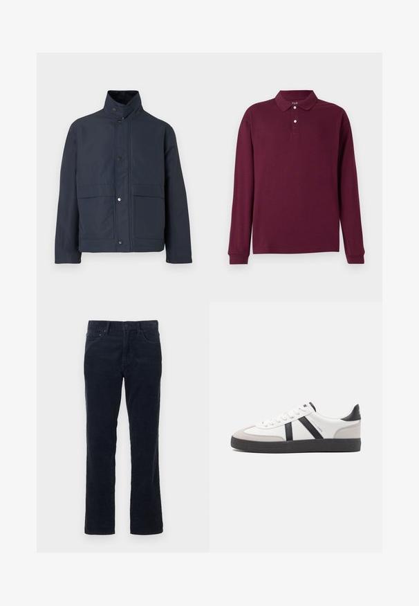 Veste imperméable bleu marine avec un col haut, des boutons-pression et deux poches avant. Fabriquée en tissu durable avec une texture lisse.; Polo à manches longues bordeaux, fabriqué en coton, avec un col classique, une patte de boutonnage à trois boutons et des poignets côtelés. Texture lisse.; Pantalons en velours côtelé bleu marine foncé avec une coupe droite, comprenant des poches avant, une braguette zippée avec fermeture par bouton, et une texture subtile à nervures verticales.; Baskets blanches avec des accents noirs et gris, présentant un embout texturé gris, une semelle en caoutchouc noir et des lacets plats blancs. Design épuré, style minimaliste.