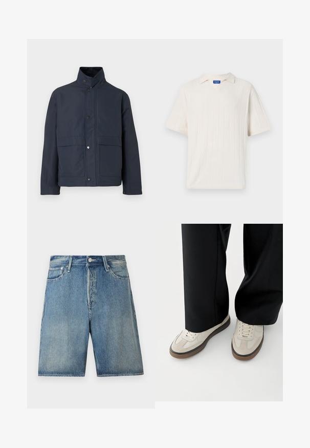 Mørkeblå vandtæt jakke med høj krave, trykknapper og to frontlommer. Lavet af holdbart stof med en glat tekstur.; Kortærmet, v-hals strikbluse i off-white med vertikal ribstruktur. Har en blød krave og afslappet pasform.; Lysblå denimshorts med klassisk fem-lomme-design, knaplukning, lige snit og en let vask.; Fødder iført beige sneakers med brune såler og sorte bukser med vide ben på hvid baggrund.