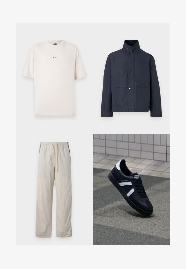 Veste imperméable bleu marine avec un col haut, des boutons-pression et deux poches avant. Fabriquée en tissu durable avec une texture lisse.; Oakley RISE TEE - T-shirt basique - mist; Pantalons beiges légers, avec cordon de serrage et taille élastique, présentant des panneaux latéraux foncés et une coupe droite décontractée.; Sneaker en cuir noir avec des rayures blanches, semelle en caoutchouc texturée et devant à lacets. Présente une étiquette de marque sur la languette.