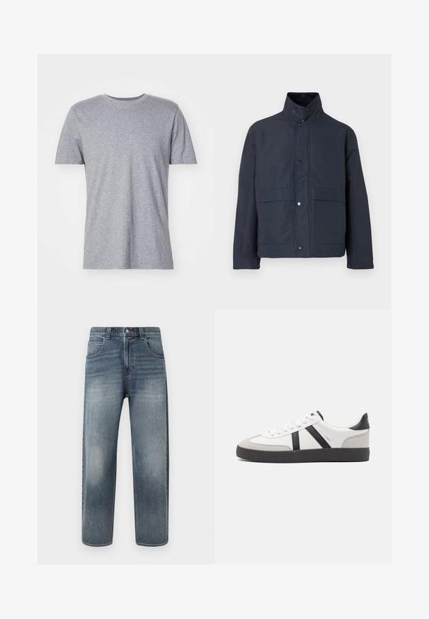 Marineblauwe waterdichte jas met een hoge kraag, drukknoopsluiting en twee voorzakken. Gemaakt van stevige stof met een gladde textuur.; Grijze, korte mouwen t-shirt gemaakt van een katoenmix, met een klassieke ronde halslijn en een gladde, zachte textuur.; Lichtblauwe denim jeans met een rechte snit, voorzien van vijf zakken, een ritssluiting en subtiele vervaging op de pijpen. Afgewerkt met stikaccenten.; Witte sneaker met zwarte en grijze accenten, voorzien van een grijze neus met textuur, zwarte rubberen zool en platte witte veters. Schoon ontwerp, minimalistische stijl.