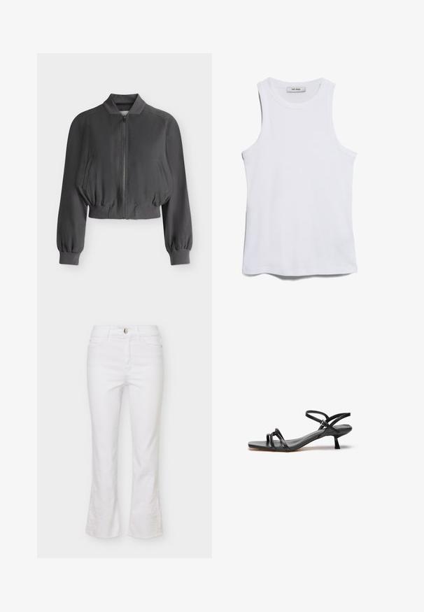 Blouson bomber noir court avec fermeture éclair sur le devant, col, poignets et ourlet côtelés, et deux poches latérales en biais, présenté sur un fond uni.; Débardeur blanc à côtes, avec un col rond et de larges emmanchures. Présente une texture lisse et un ourlet droit. L'étiquette indique "IVY OAK."; Jeans en denim blanc avec taille mi-haute, bouton et fermeture éclair à l'avant, cinq poches, et broderie florale discrète près des ourlets évasés.; Sandale en cuir noir au design épuré et minimaliste. Dotée de deux fines lanières et d'un petit talon incliné. Texture lisse et bout ouvert.