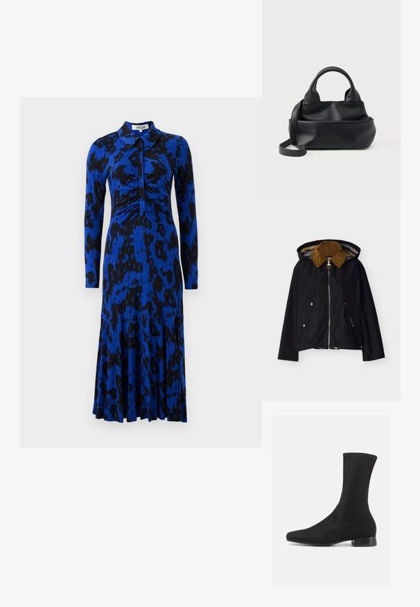 Schwarze Jacke mit Reißverschluss, braunem Cordkragen, Kapuze, zwei vorderen Taschen mit Druckknopfverschluss und verstellbarem Kordelzugsaum.; Blaues Leopardenmuster-Kleid mit langen Ärmeln, Kragen, gerafftem Oberteil und ausgestelltem Rock. Hergestellt aus einem glatten, dehnbaren Stoff.; Schwarzer Knöchelstiefel mit einem glatten, dehnbaren Stoffoberteil und einem niedrigen, gestapelten Absatz. Verfügt über eine spitze Zehenpartie und ein nahtloses Design.; Schwarze Handtasche aus strukturiertem Leder mit abgerundeten Griffen und langem Schulterriemen, auf weißem Hintergrund präsentiert.