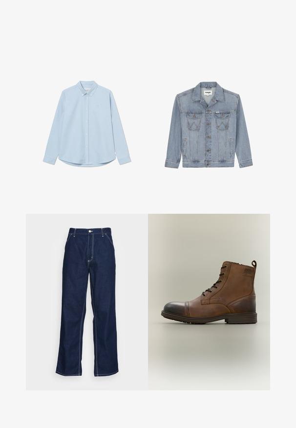 Wrangler ANTI FIT - Teksajakk - light ice; Heledsinine pikkade varrukatega pluus, millel on terav krae, üks rinna logo ja ümaralune äär. Valmistatud siledast kangast, mille tekstuur on lihtne.; Tumed sinised denim püksid laia säärega, kõrge talje, ees olevate taskutega ja kontrastsete valgete õmblustega õmblustes.; Pruun nahast paeltega anklasaabas musta varbakatte, ümarate tallade ja küljele trükitud kaubamärgiga, tavalise tausta vastu.