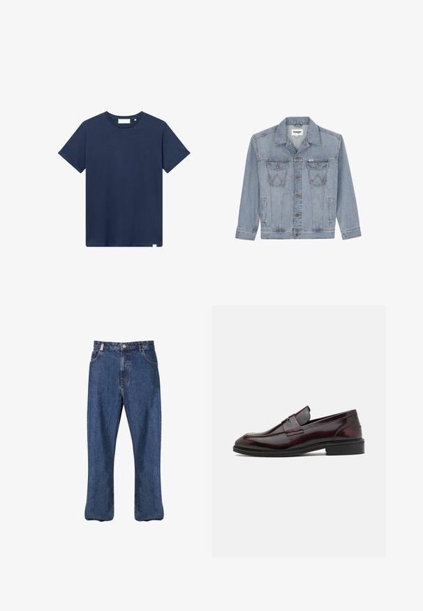 Wrangler ANTI FIT - Jeansjacke - light ice; Navyblaue Baumwoll-T-Shirt mit rundem Halsausschnitt, kurzen Ärmeln und einem kleinen gestickten Logo auf der linken Brust. Glatte Textur.; Dunkelblaue Denim-Jeans im geraden Schnitt, klassischem Fünf-Taschen-Stil und sichtbaren Nähten entlang der Nähte.; Bordeauxfarbene Lederloafer mit glatter Oberfläche, rechteckigem Frontakzent und abgerundetem Zehenbereich, ausgestattet mit einer schwarzen Gummisohle.