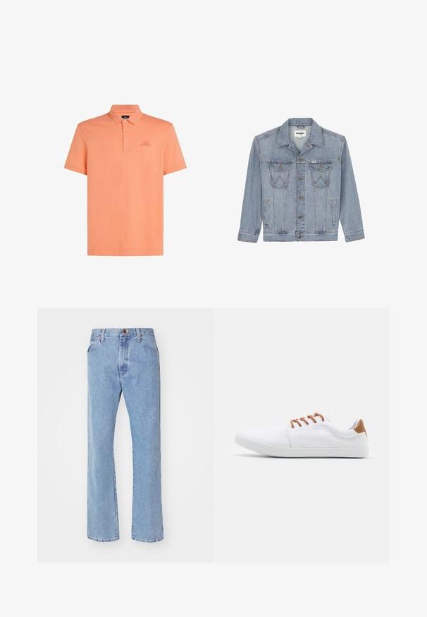 Wrangler ANTI FIT - Τζιν μπουφάν - light ice; Πόλο με κοντά μανίκια σε ανοιχτό κοραλλί, κατασκευασμένο από μαλακό ύφασμα, με πατιλέτα τριών κουμπιών και διακριτικό λογότυπο κεντημένο στο στήθος.; Ανοιχτό μπλε τζιν με ίσιο πόδι, εμπρόσθιο κούμπωμα με κουμπί και φερμουάρ, θηλιές για ζώνη και κανονικές εμπρόσθιες τσέπες.; Λευκά πάνινα παπούτσια με καφέ λεπτομέρειες, που διαθέτουν επίπεδες κορδόνες, χαμηλό προφίλ και υφασμάτινη σόλα από καουτσούκ.
