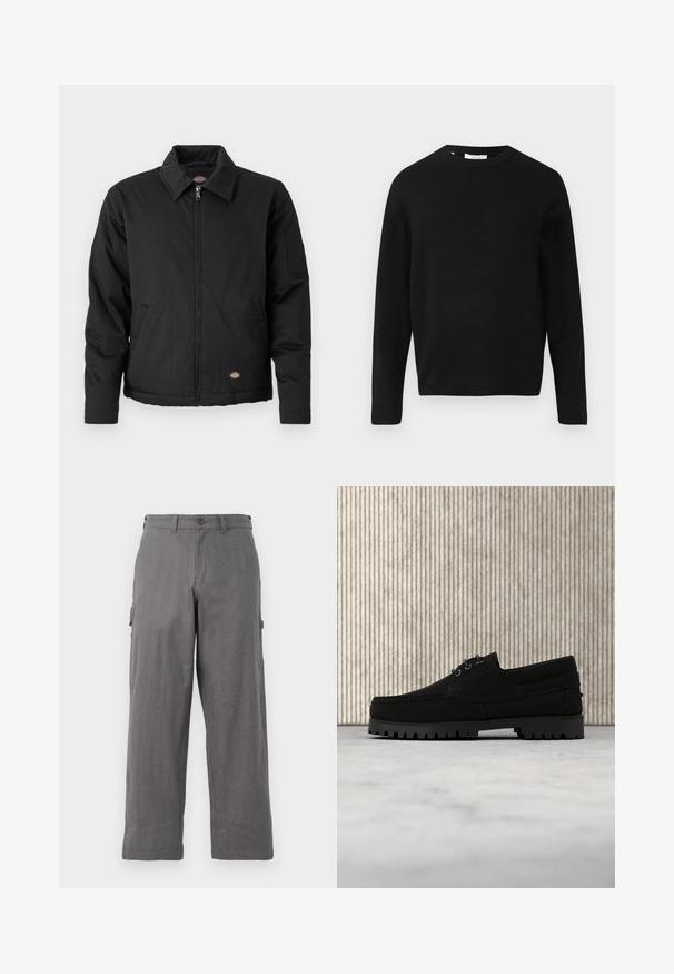 Schwarze Jacke mit Reißverschluss, spitzem Kragen, Seitentaschen und einer aufgesetzten Tasche am linken Ärmel. Hergestellt aus strukturiertem Stoff, mit einem Logo.; Schwarzer Strickpullover mit Rundhalsausschnitt, langen Ärmeln und lockerer Passform. Glatte Textur, minimales Design, keine Muster oder Verzierungen.; Graue Cargo-Hosen mit geradem Bein-Design, aus strapazierfähigem Stoff. Mit Seitentaschen und einem Knopfverschluss an der Taille.; Schwarzer Schnürschuh mit dicker, profilierter Sohle schwebt über beigem Teppich, brauner moderner runder Tisch vor weichem, beleuchtetem Hintergrund.