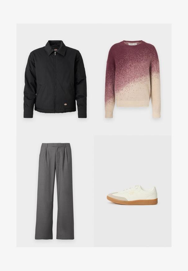 Sort jakke med lynlås foran, spidse krave, sidelommer og en klaplomme på venstre ærme. Lavet af struktureret stof med logo.; Strikket sweater med rund hals, der viser en gradient fra mørk lilla til cremet beige. Blød tekstur med et subtilt mønster gennem hele.; Grå vide benbukser lavet af glat stof, med en plisseret front, sidelommer og en skrædderlavet talje med bæltestropper.; Sneaker lavet af hvid læder med en beige tåhætte og let brunt gummisål. Har flade hvide snørebånd og prægede branding på siden.