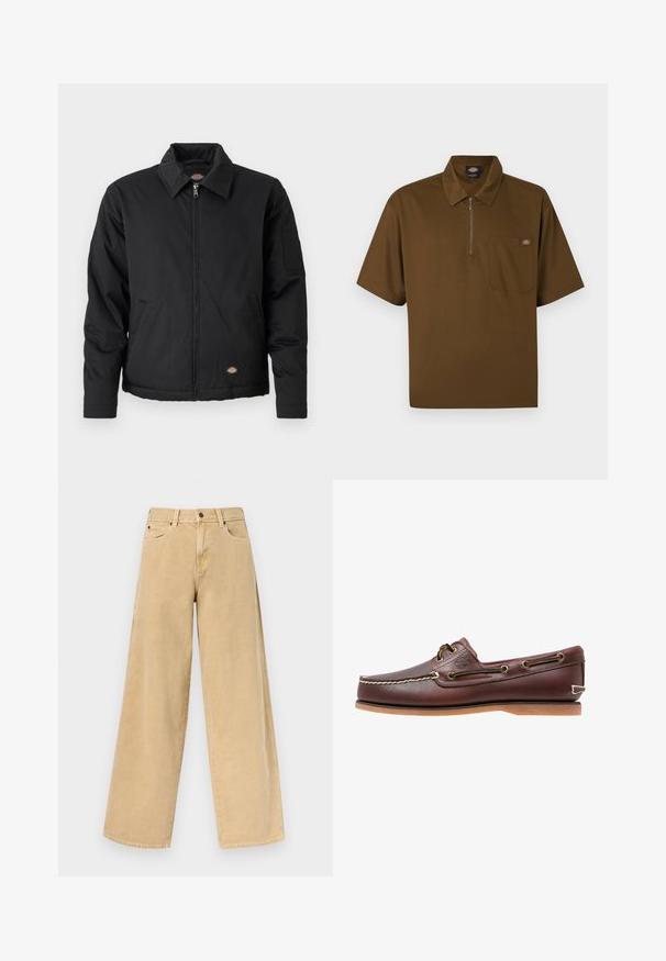 Veste noire avec fermeture éclair sur le devant, col pointu, poches latérales et une poche à patte sur la manche gauche. Fabriquée en tissu texturé, avec un logo.; Polo marron à manches courtes avec une fermeture éclair à l'avant, une poche poitrine avec un écusson logo, et un col classique.; Jean beige taille haute à jambes larges avec bouton avant et fermeture éclair, passants pour ceinture et poches avant sur un fond uni.; Chaussure bateau en cuir marron avec coutures blanches, détails de lacets et semelle en caoutchouc beige, vue de côté sur fond blanc.