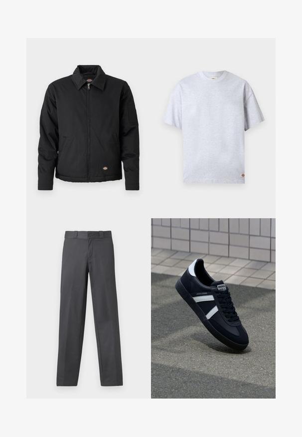 Veste noire avec fermeture éclair sur le devant, col pointu, poches latérales et une poche à patte sur la manche gauche. Fabriquée en tissu texturé, avec un logo.; T-shirt gris clair uni à manches courtes avec un col rond, doté d'une petite étiquette logo rectangulaire en bas à droite de l'ourlet.; Pantalon gris en tissu lisse, avec une coupe droite, une fermeture à bouton et des passants de ceinture ; coutures minimales et sans motifs.; Sneaker en cuir noir avec des rayures blanches, semelle en caoutchouc texturée et devant à lacets. Présente une étiquette de marque sur la languette.