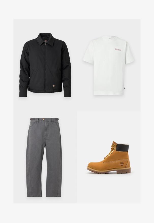 Veste noire avec fermeture éclair sur le devant, col pointu, poches latérales et une poche à patte sur la manche gauche. Fabriquée en tissu texturé, avec un logo.; T-shirt en coton blanc avec manches courtes, col rond, et un logo rose "Dickies" sur le côté gauche de la poitrine. Texture lisse.; Pantalon gris à jambes droites, avec poches avant, passants pour ceinture et fermeture par bouton en laiton, présenté sur fond blanc.; Bottine en cuir brun avec œillets en métal, doublure en fourrure blanche, col rembourré noir, semelle robuste et logo en relief sur le côté.