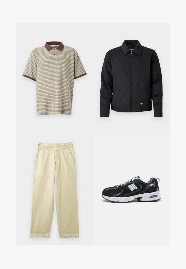 Veste noire avec fermeture éclair sur le devant, col pointu, poches latérales et une poche à patte sur la manche gauche. Fabriquée en tissu texturé, avec un logo.; Polo à manches courtes avec fines rayures horizontales beige, bleues et jaunes, col et bordures des manches marron, patte à deux boutons.; Pantalon en coton beige à coupe décontractée, avec poches latérales, passants pour ceinture et jambes droites. Texture lisse avec des détails de couture minimaux.; Baskets de sport noires et grises avec un tige en mesh et en suède, présentant une semelle intermédiaire blanche, des lacets et un logo "N" audacieux sur le côté.