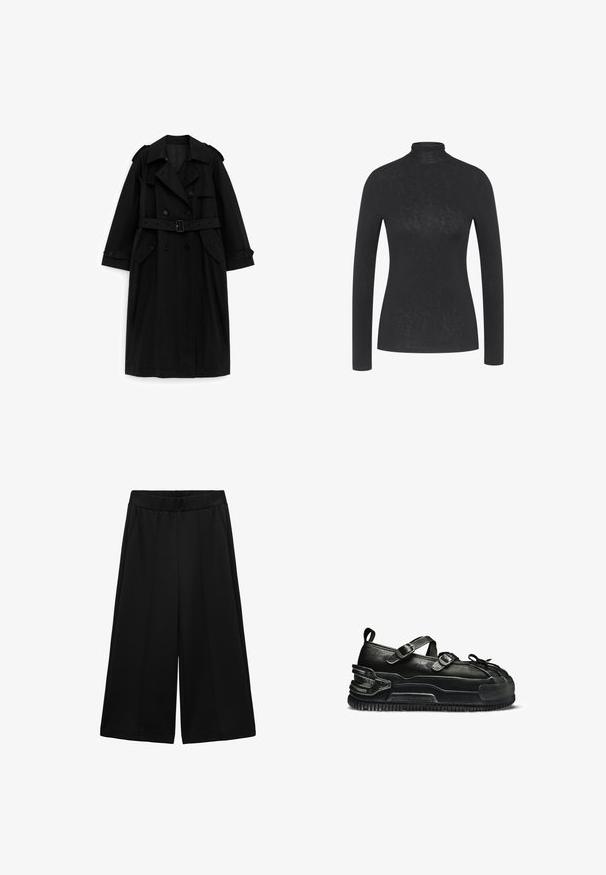 Zwarte lange trenchcoat met dubbele rij knopen, tailleceintuur, brede kraag en klepzakken, weergegeven op een witte achtergrond.; Zwart langemouwen coltrui gemaakt van zachte stof, met een slim fit en een minimalistisch ontwerp zonder zichtbare patronen of accenten.; Zwarte wijde broek gemaakt van gestructureerde stof, met zijzakken en een gladde tailleband, ontworpen voor een ruime pasvorm.; Zwarte leren sneaker met dikke zool, twee gespen over de bovenzijde, afgeronde verstevigde neus en een trekband aan de hiel.