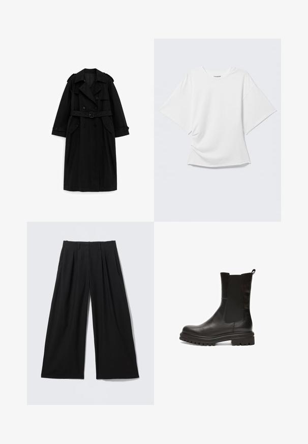 Sort lang trenchcoat med dobbeltradede knapper, bælte i taljen, bred krave og lommer med klap, vist på en hvid baggrund.; Hvid oversized T-shirt med korte ærmer og rund hals vist på en lysegrå baggrund.; Sortte bukser med vidde i benene, frontplisseringer, bæltestropper og skjult lukning foran, lagt fladt på en lys baggrund.; Sorte læderankelstøvler med elastiske sidepaneler, afrundet tå og en tyk, tekstureret gummisål med dybe riller for ekstra greb.