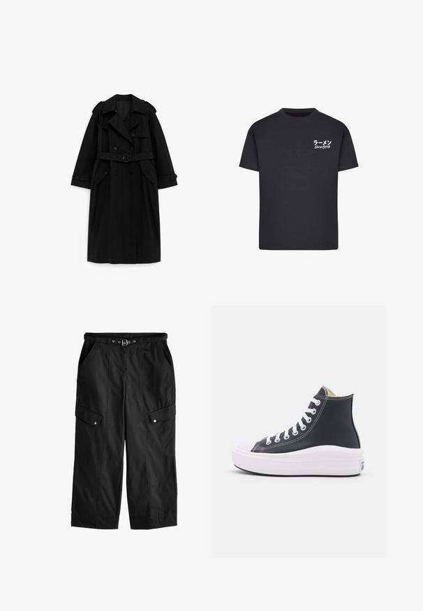 Schwarzer langer Trenchcoat mit doppelreihigen Knöpfen, Taillengürtel, weitem Kragen und Pattentaschen, auf weißem Hintergrund präsentiert.; Schwarzes Baumwoll-T-Shirt mit Rundhalsausschnitt. Mit weißem Text, einschließlich japanischer Schriftzeichen und "Slurp Away", auf der linken Brustseite.; Schwarze Cargo-Hosen mit weitem Bein, aus strapazierfähigem Stoff. Verfügt über mehrere Seitentaschen und einen Taillengurt mit Druckknopfverschluss.; Schwarzer High-Top Sneaker mit weißen Schnürsenkeln und Gummisohle. Verfügt über eine glatte Ledertextur und weiße Nähte als Akzente.