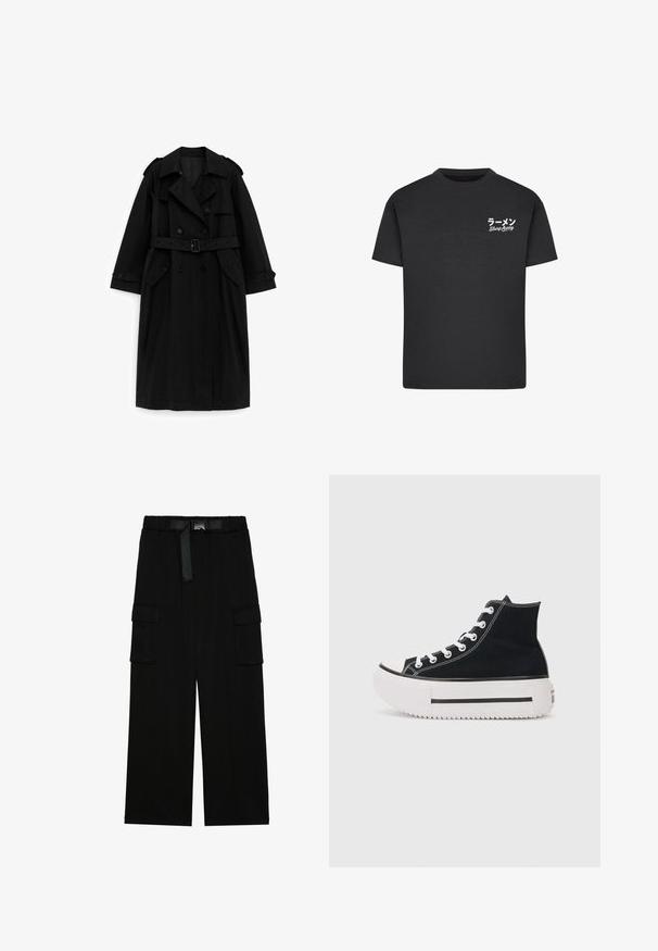 Sort lang trenchcoat med dobbeltradede knapper, bælte i taljen, bred krave og lommer med klap, vist på en hvid baggrund.; Sort bomulds T-shirt med rund hals. Har hvid tekst, inklusive japanske tegn og "Slurp Away," på venstre brystområde.; Sorte cargo bukser med vidde ben, elastisk talje med bælte og to store sidelommer til opbevaring.; Sort højtop sneakers lavet af canvas, med hvide syninger, gummitåhætte, tyk hvid platformssål og sorte stribe detaljer.